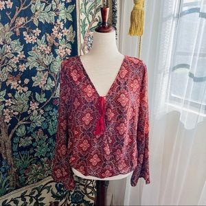 Res Bohemian Quatrefoil Paisley Print Bell Sleeve Vneck Wrap Blouse